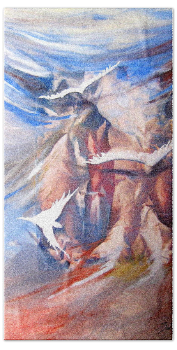 Mixed Media Acrylic Landscape White Birds On Mountains Beach Towel featuring the painting Soft Flight 2 by Jan VonBokel