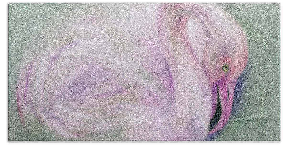 Bird Beach Towel featuring the painting Soft Pink Flamingo Mirrored by MM Anderson