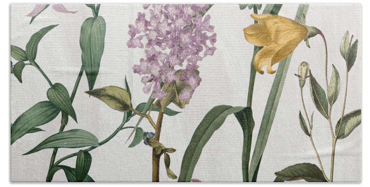 Painted Lilac Beach Towel featuring the painting Softly Lilacs and Crocus by Mindy Sommers
