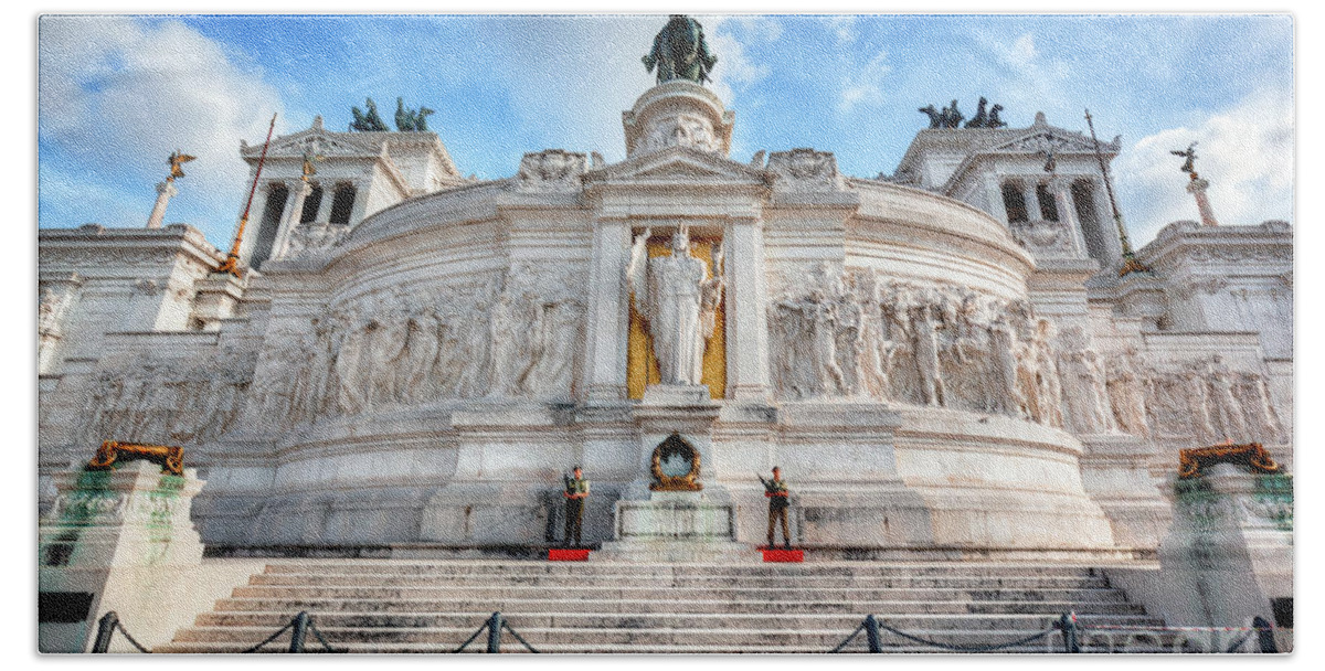 Rome Beach Towel featuring the photograph Soldiers guard the Tomb of the Unknown Soldier at The Altare della Patria monument in Rome by Michal Bednarek