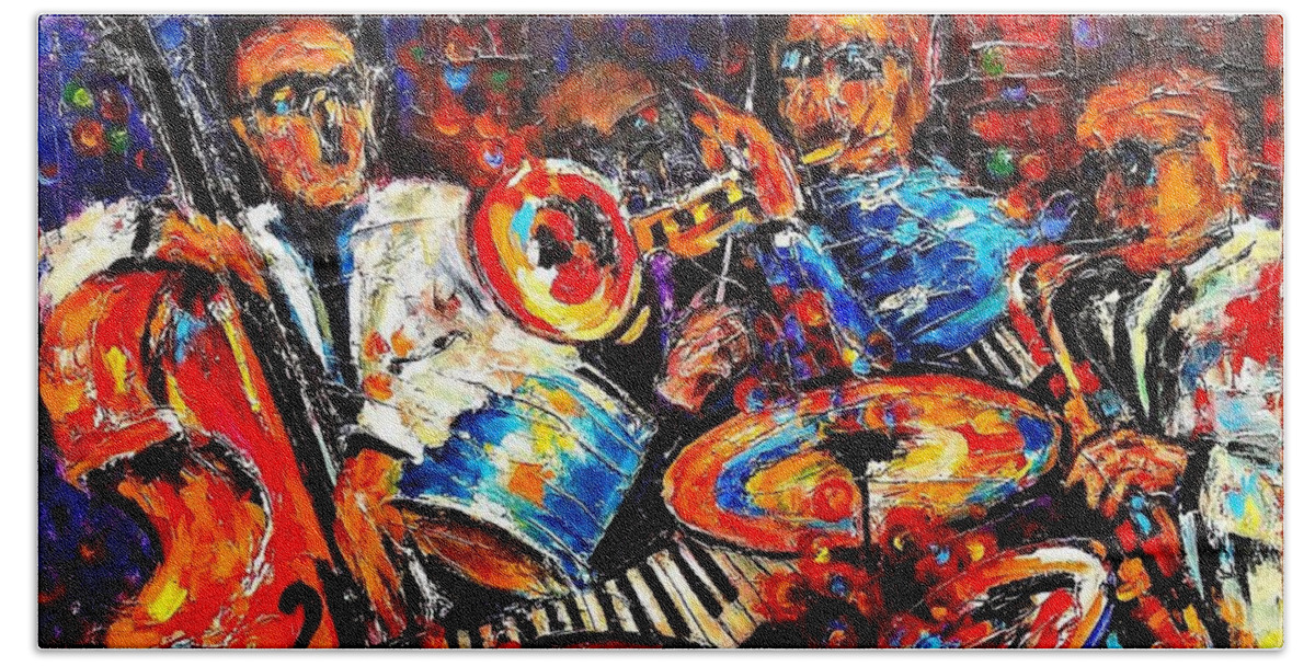 Energy Spiritual Art Beach Towel featuring the painting SOUNDS OF JAZZ. Collection Jazz and The City by Helen Kagan