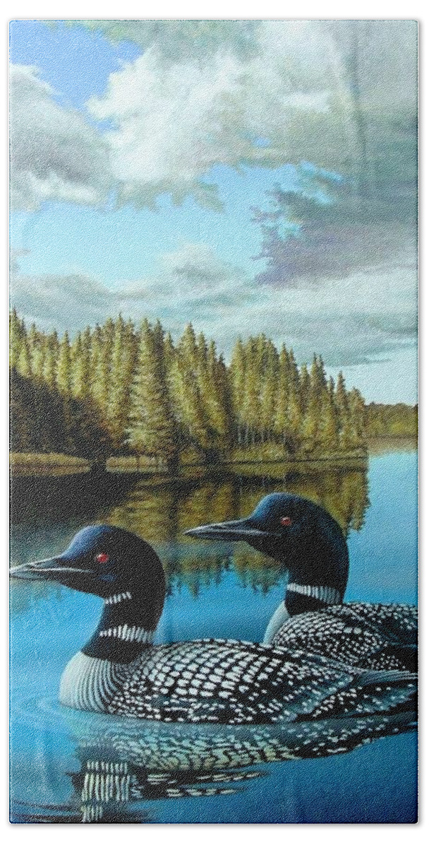 Loons Beach Towel featuring the painting South Bay Loons by Anthony J Padgett