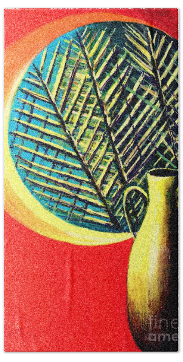 #southbeach #florida #artdeco #palms #vases #windows Beach Towel featuring the painting South Beach Window by Allison Constantino