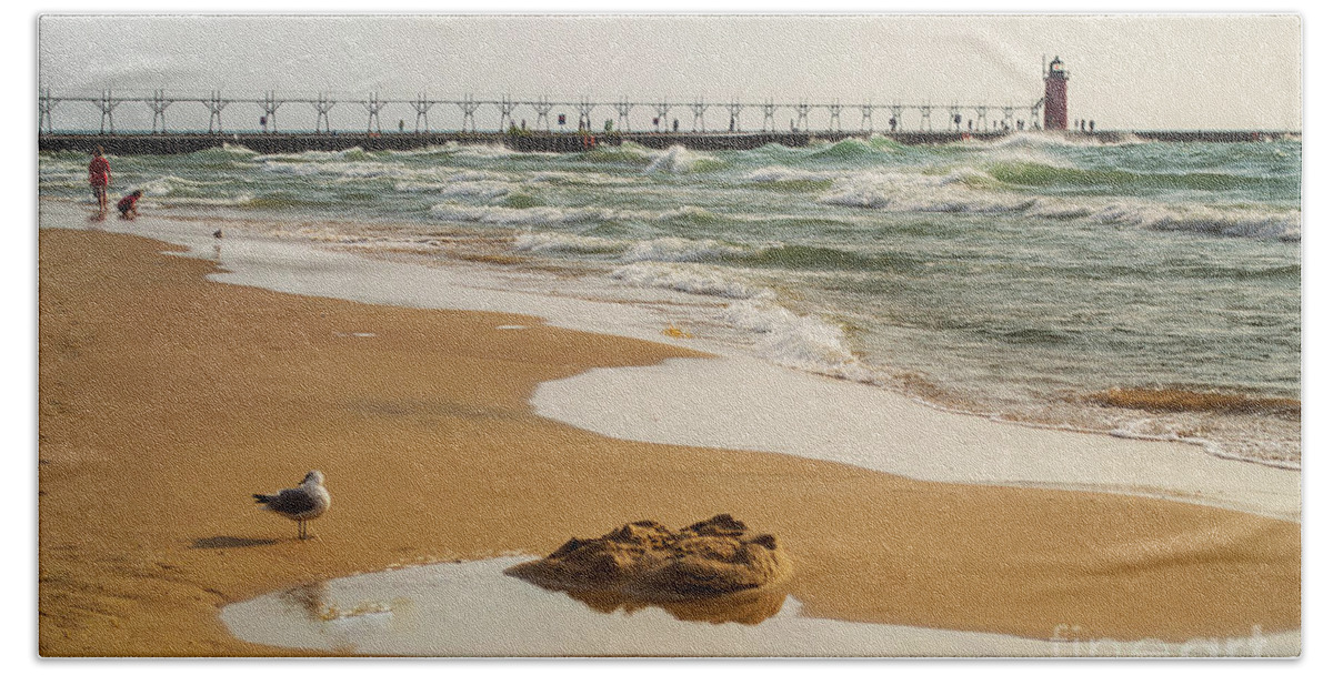 South Haven Beach Towel featuring the photograph South Haven Lighthouse by Amy Lucid