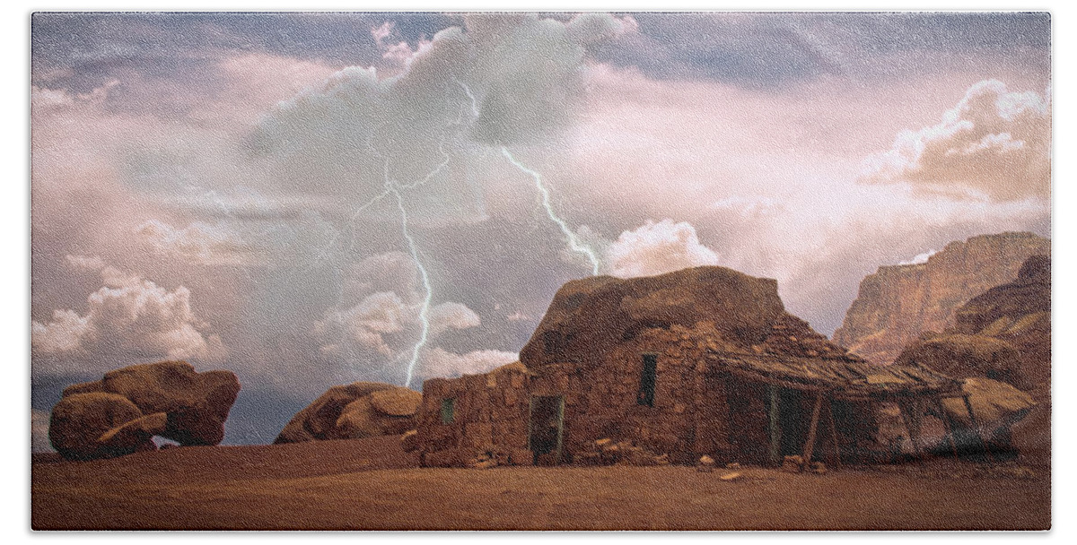 Lightning Strikes; Lightning; Nature; Landscapes; Southwest Desert; Rustic; Thunderstorms; Fine Art Beach Towel featuring the photograph Southwest Navajo Rock House and Lightning Strikes by James BO Insogna