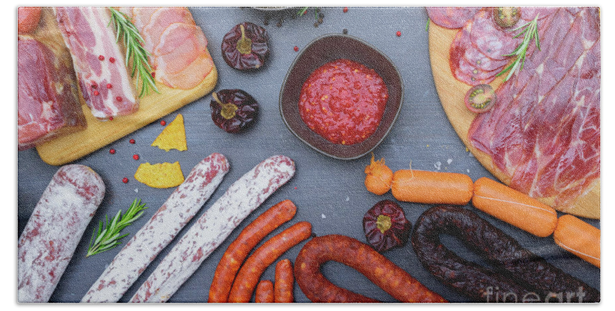 Dinner Beach Towel featuring the photograph Spanish Sausages by Anastasy Yarmolovich