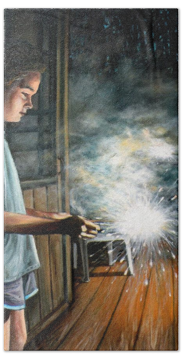 Summer Beach Towel featuring the painting Sparklers On The Porch by Eileen Patten Oliver