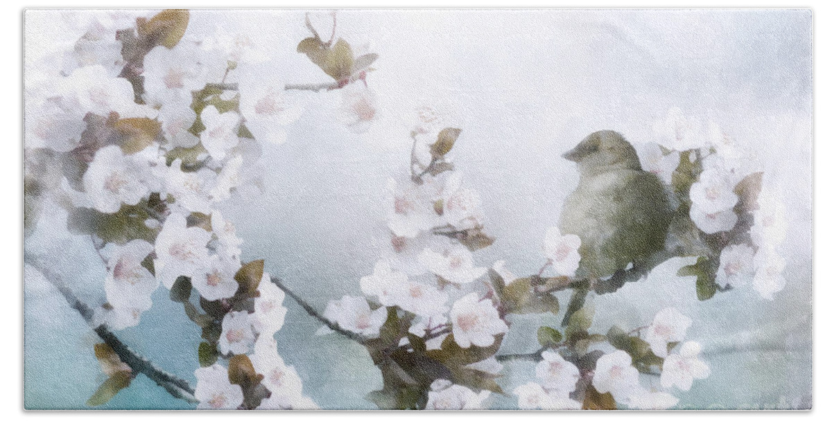 Cherry Tree Beach Sheet featuring the mixed media Sparrow on Cherry Branch by Shanina Conway