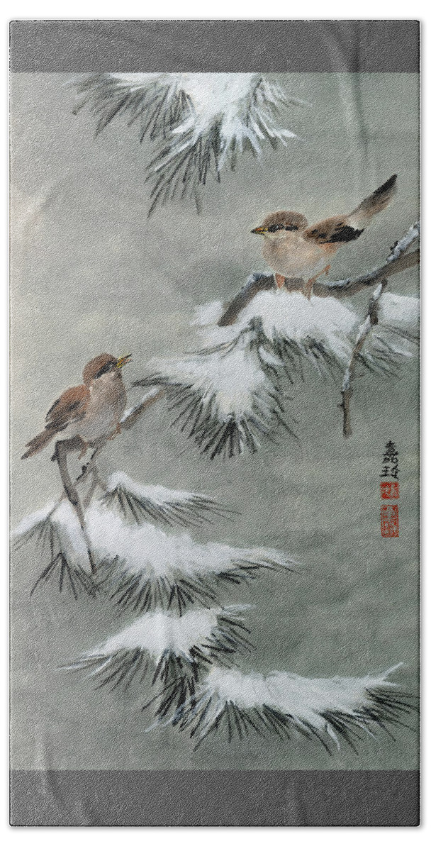 Snow Pine Beach Towel featuring the painting Sparrows on Snowy Pine by Charlene Fuhrman-Schulz