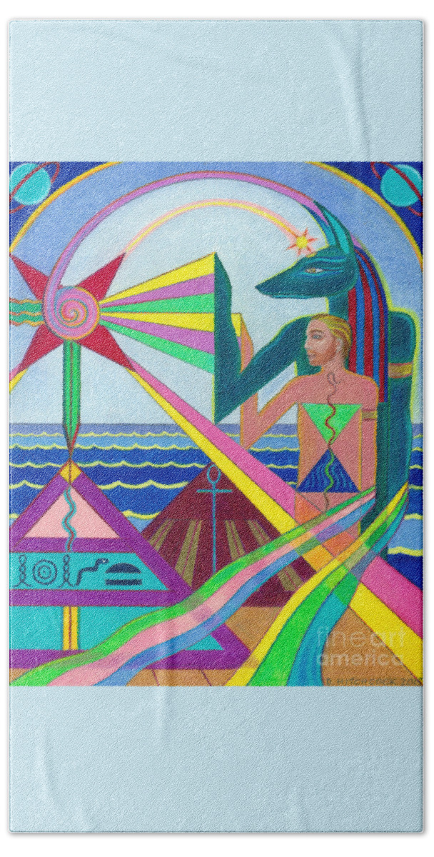 Spiritual Beach Towel featuring the drawing Spirit Guide Anubis by Debra Hitchcock