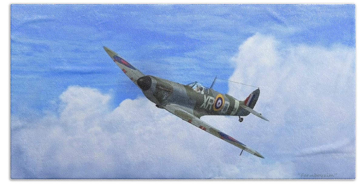 Aviation Beach Towel featuring the digital art Spitfire Airborne by Harold Zimmer