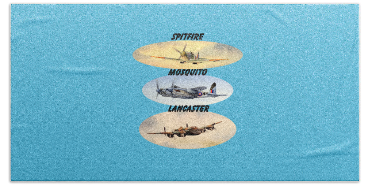 Supermarine Spitfire Beach Towel featuring the painting Spitfire Mosquito Lancaster Aircraft With Name Banners by Bill Holkham