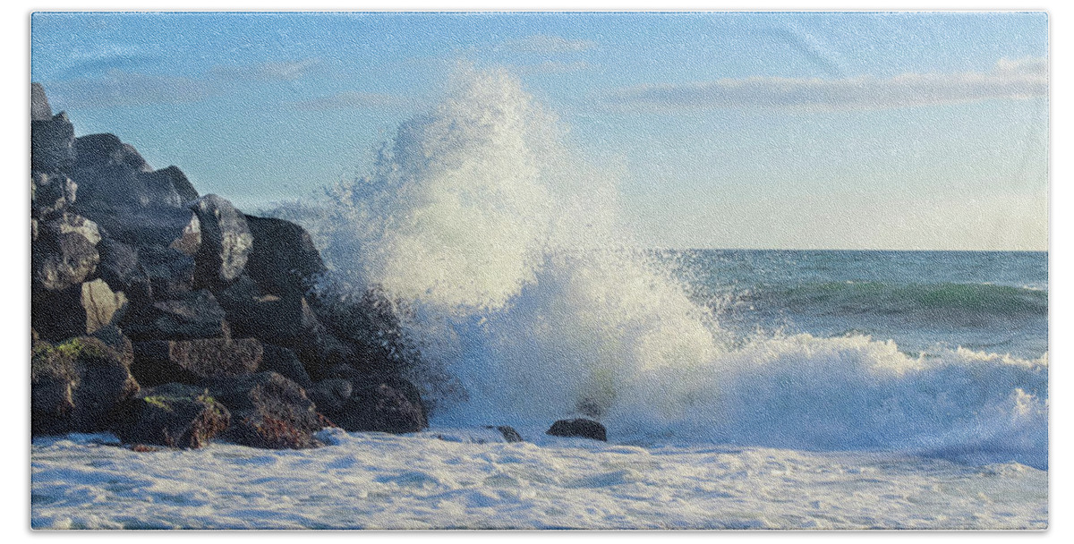Wave Beach Towel featuring the photograph Splish Splash by Alison Frank