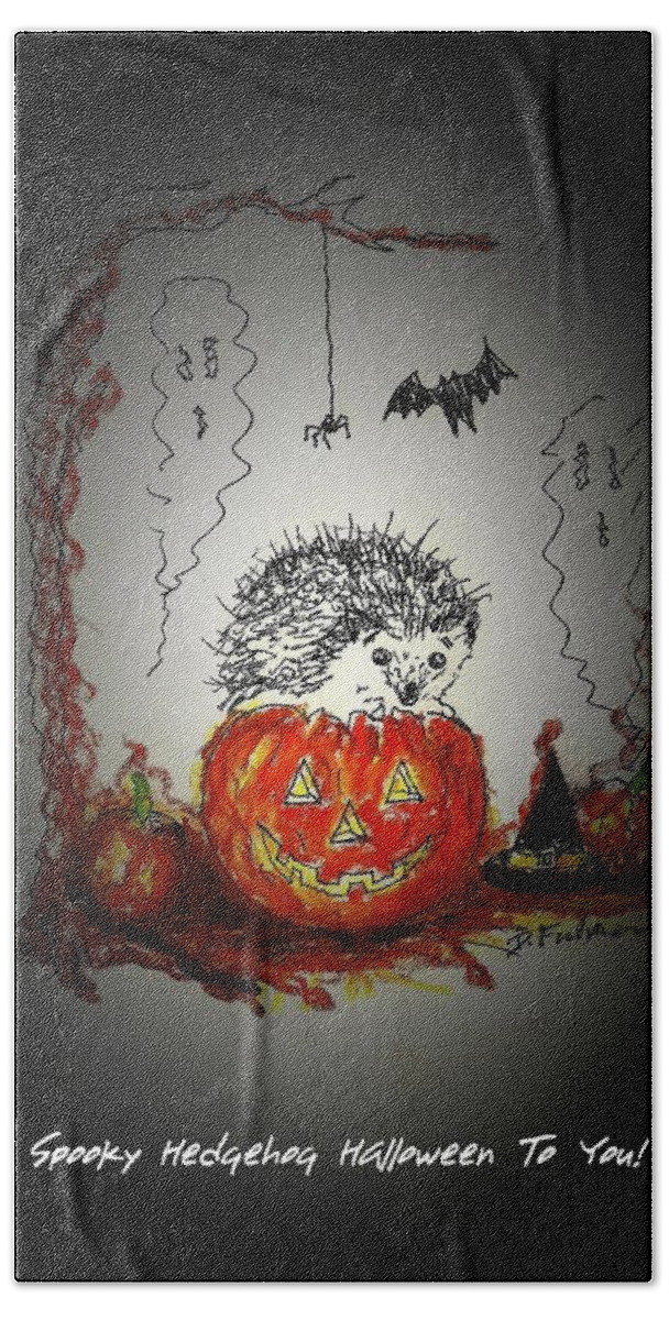 Hedgehog Beach Towel featuring the mixed media Spooky Hedgehog Halloween by Denise F Fulmer