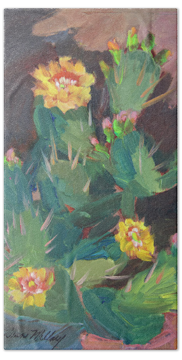 Desert Beach Sheet featuring the painting Spring and Prickly Pear Cactus by Diane McClary