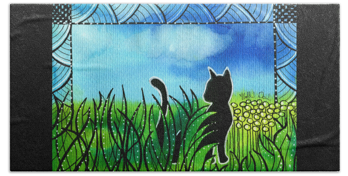 Spring Breeze Beach Towel featuring the painting Spring Breeze - Black Cat Card by Dora Hathazi Mendes