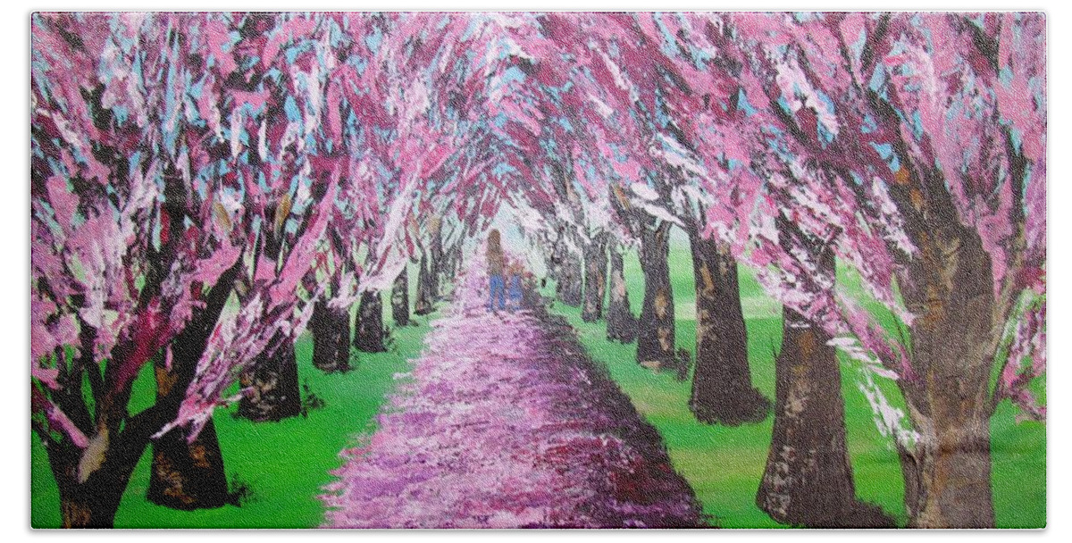 Trees Beach Towel featuring the painting Spring Path by Mandy Joy