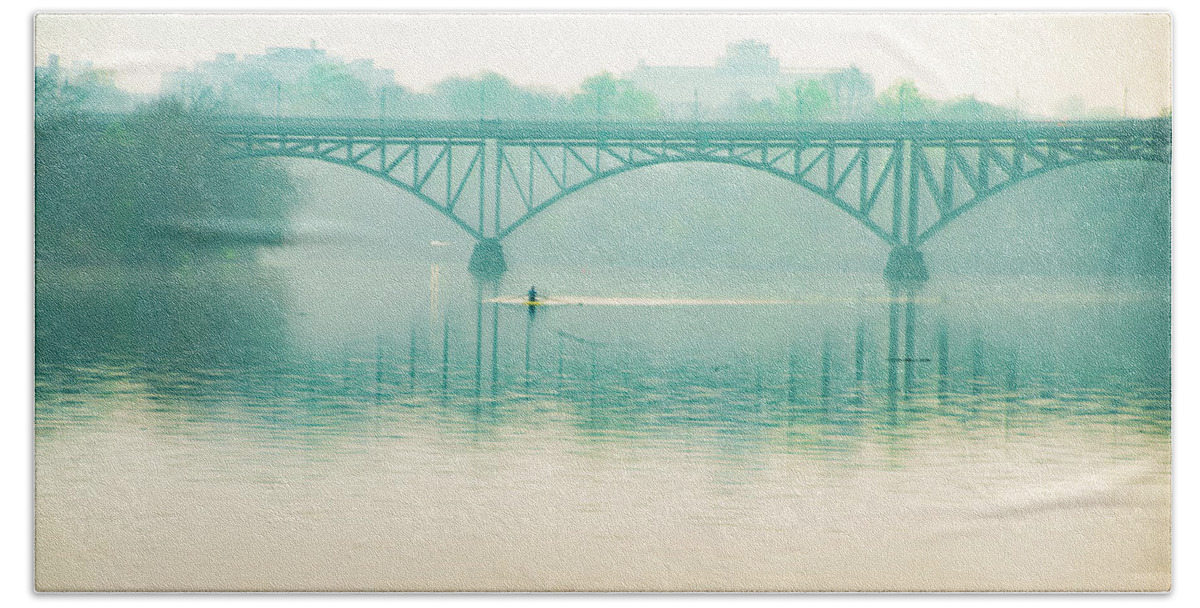 Spring Beach Sheet featuring the photograph Spring - Rowing under the Strawberry Mansion Bridge by Bill Cannon