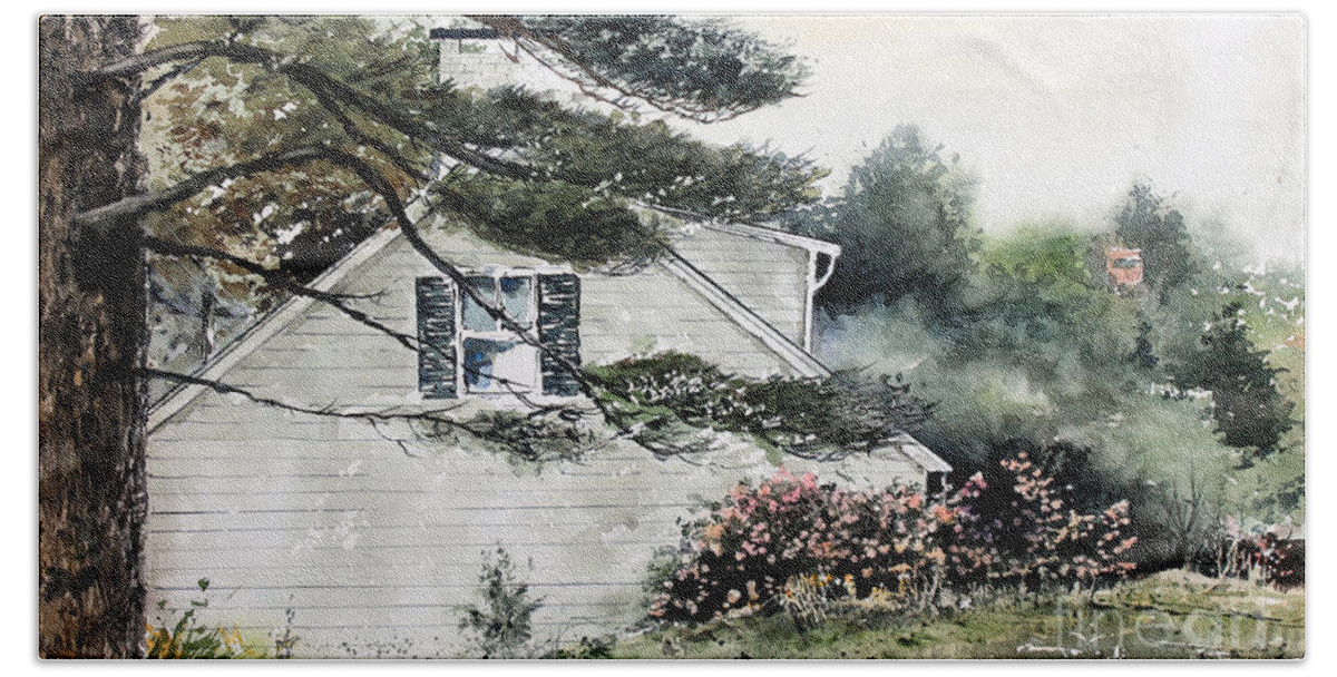 A Beautiful Home With Pine Trees And A Mixture Of Spring Flowers Make For A Peaceful Beach Sheet featuring the painting Springtime At Round Pond Maine by Monte Toon
