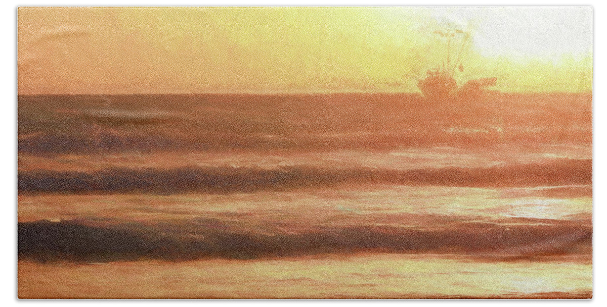 Squid Boat Beach Sheet featuring the photograph Squid Boat Sunset by John A Rodriguez
