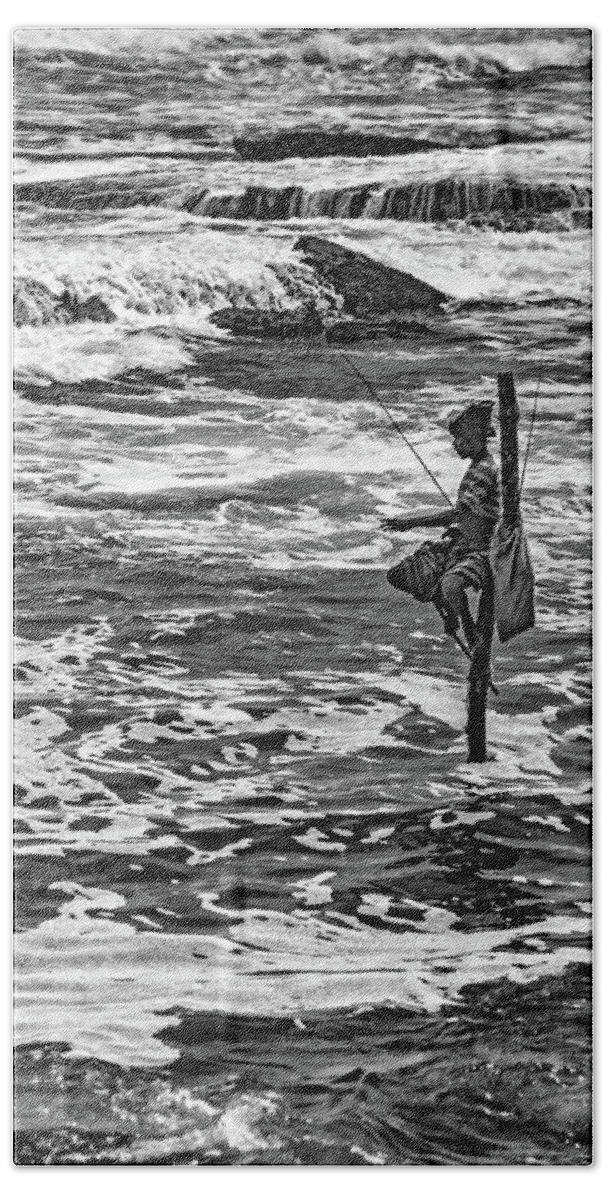 India Beach Towel featuring the photograph Sri Lanka - Stilt Fisherman 2 bw by Steve Harrington