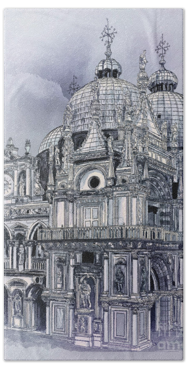 Cathedral Beach Sheet featuring the drawing St Mark's Basilica. by Andrzej Szczerski