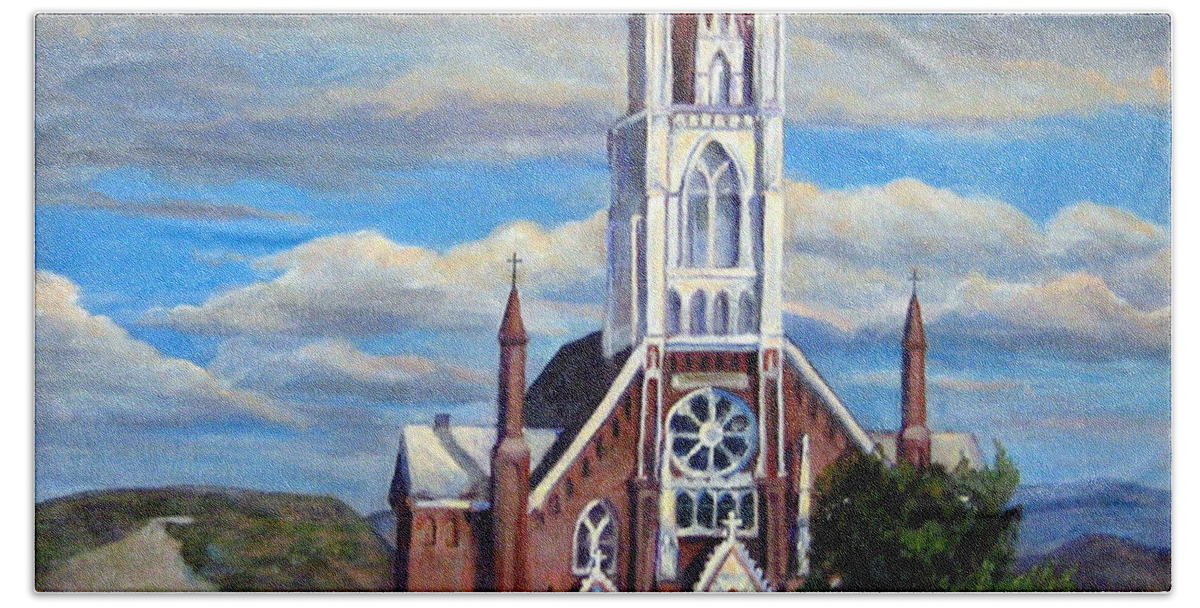 Buildings Beach Sheet featuring the painting St. Mary of the Mountains by Donna Tucker