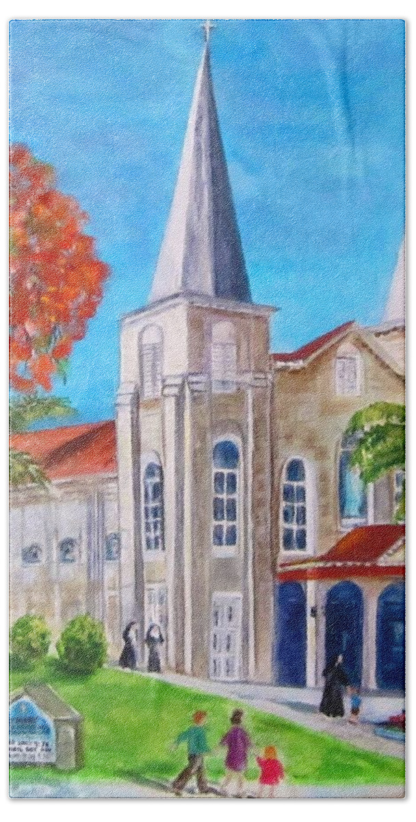 St. Mary's Beach Towel featuring the painting St. Mary's Catholic Church Key West by Linda Cabrera