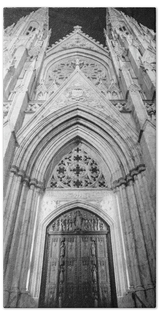 Nyc Beach Towel featuring the photograph St Patrick's Cathedral Door Black and White by John McGraw