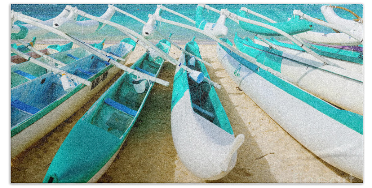 41-pfs0045 Beach Towel featuring the photograph Stacked Canoes by Dana Edmunds - Printscapes