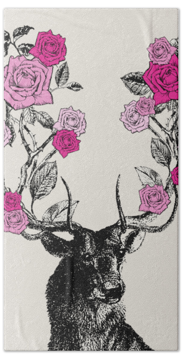 Stag And Roses Beach Towel featuring the digital art Stag and Roses by Eclectic at Heart