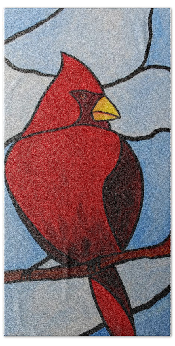 Stained Glass Beach Towel featuring the painting Stained Glass Cardinal by Emily Page