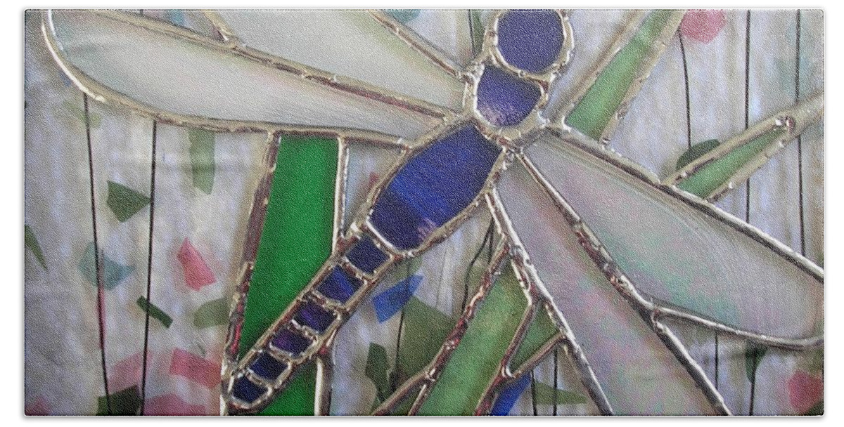 Stained Glass Beach Sheet featuring the glass art Stained Glass Dragonfly in Reeds by Karen J Jones by Karen Jane Jones