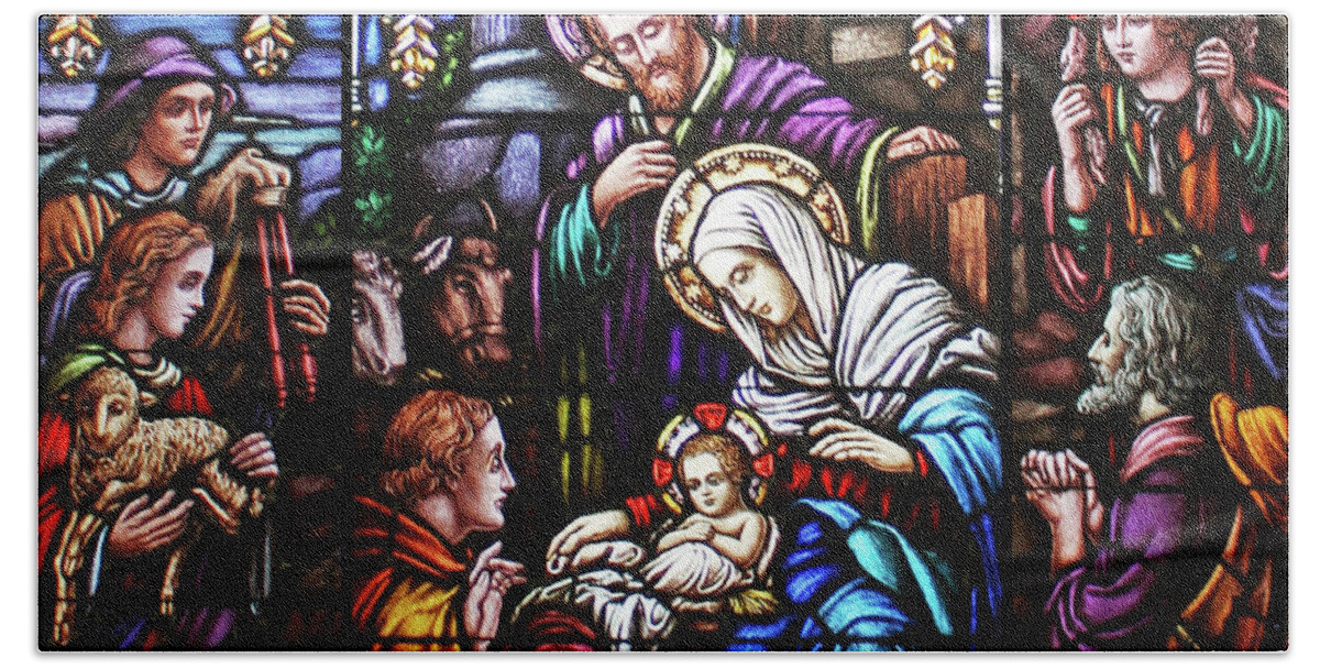Stained Glass Beach Towel featuring the painting Stained Glass Nativity Scene by Munir Alawi