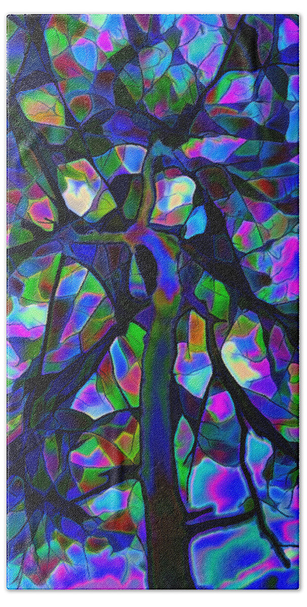 Blue Beach Towel featuring the digital art Stained Glass Tree by Lilia S