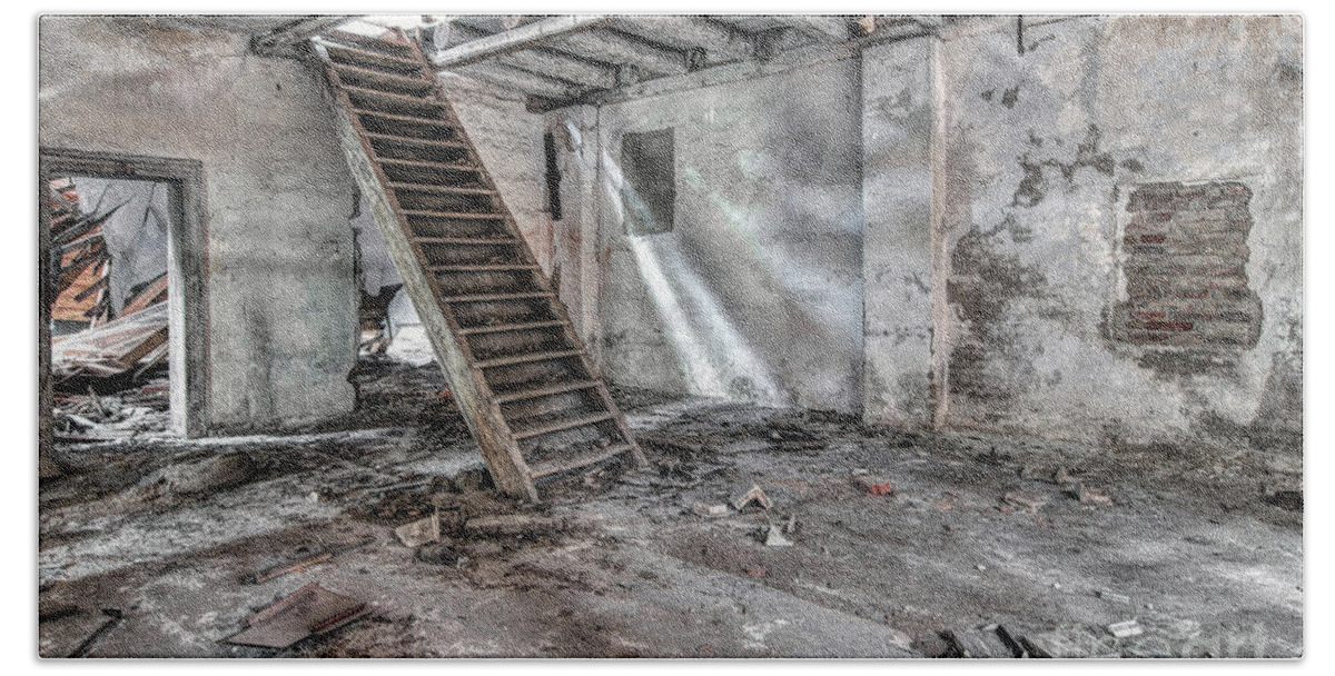 Urbex Beach Towel featuring the photograph Stair in old abandoned building by Michal Boubin