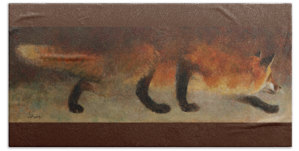 Fox Beach Sheet featuring the painting Stalking Fox by Attila Meszlenyi