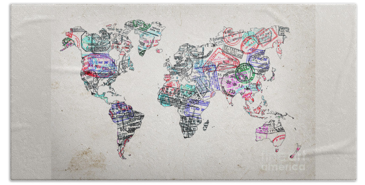 World Beach Towel featuring the photograph Stamp art world map by Delphimages Map Creations