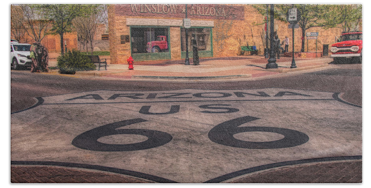 Winslow Arizona Beach Towel featuring the photograph Standin on the corner by Jeff Folger