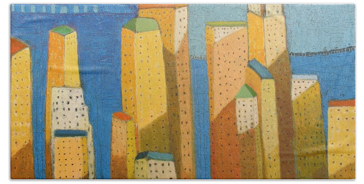 Modern Cityscape Painting Beach Towel featuring the painting Nyc Skyline With Blue by Habib Ayat