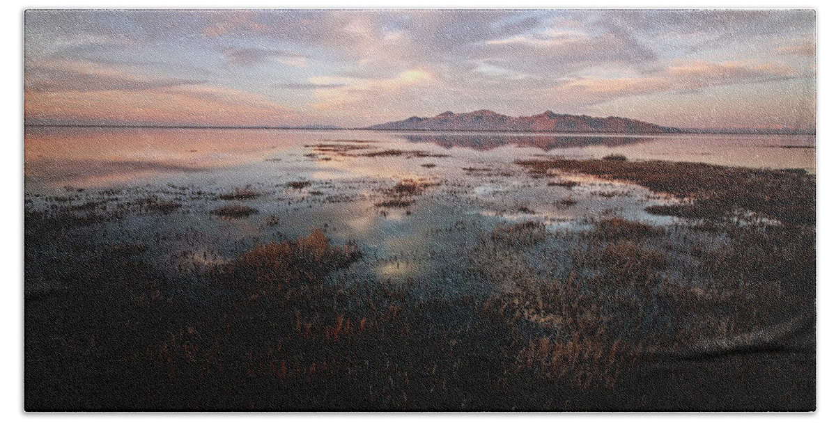Utah; Landscape; Great Salt Lake; Sunset; Salt; Orange; Pink; Red; Blue; Lake; Water; Reflection Beach Towel featuring the photograph Stansbury Island Sunset - Great Salt Lake, Utah by Brett Pelletier