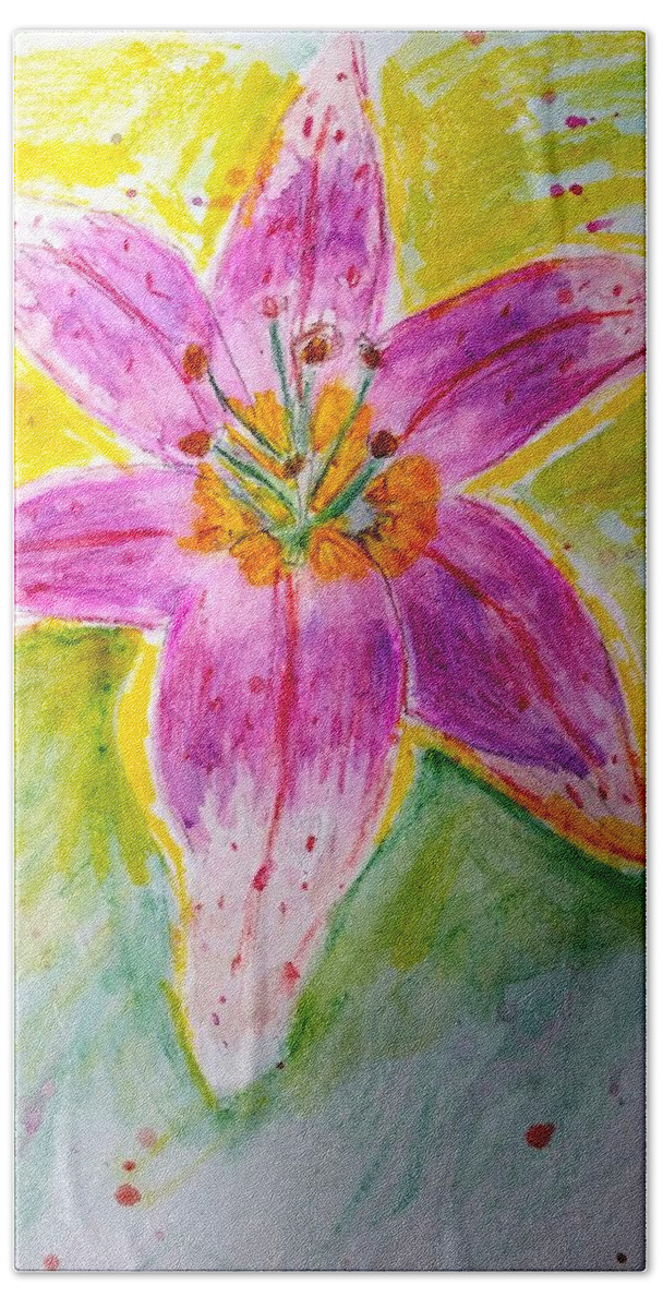 Watercolor Beach Towel featuring the painting Stargazer Lily in the Garden by Stacie Siemsen