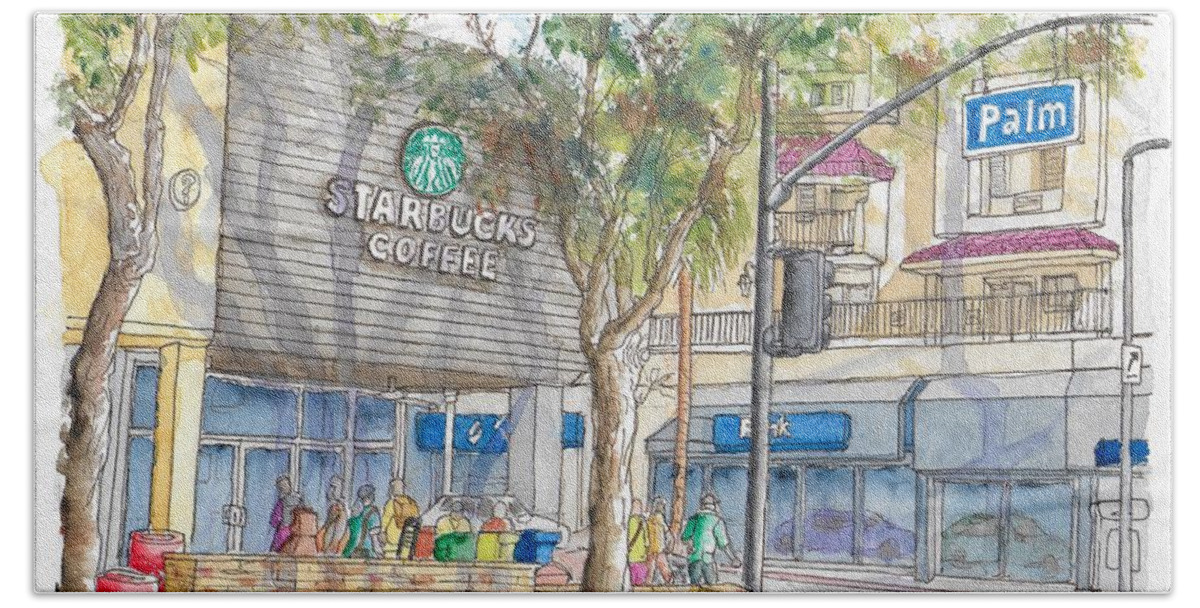Starbucks Coffee Beach Sheet featuring the painting Starbucks Coffee in San Fernando Rd and Palms, Burbank, California by Carlos G Groppa