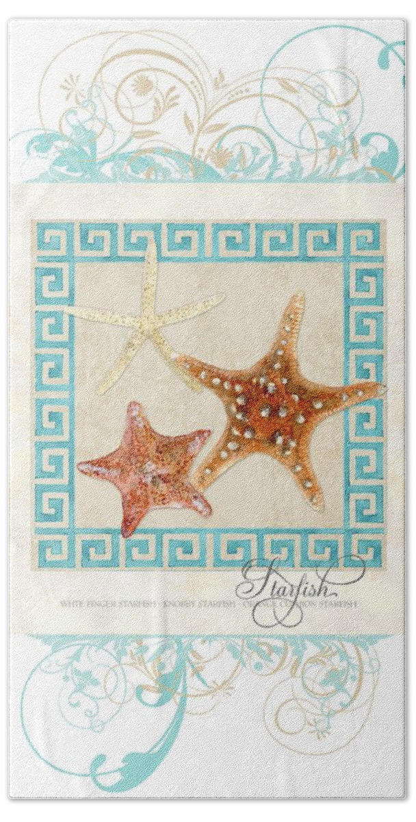 White Finger Starfish Beach Towel featuring the painting Starfish Greek Key Pattern w Swirls by Audrey Jeanne Roberts