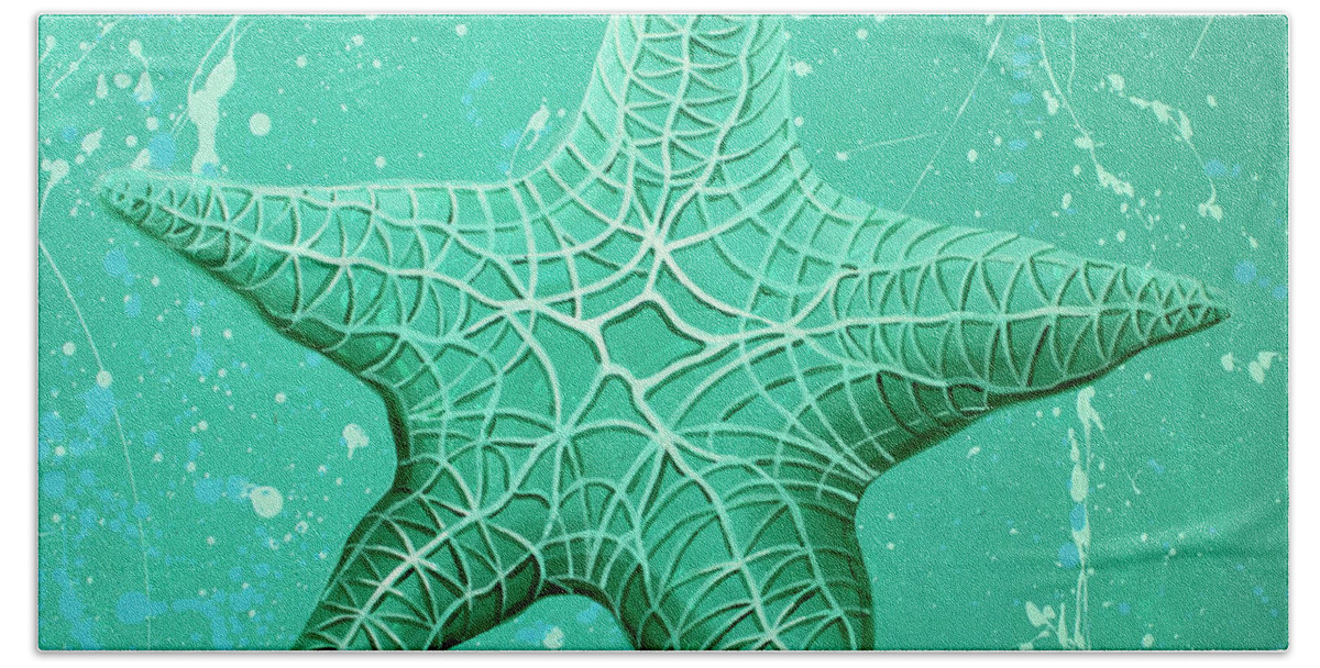 Starfish Beach Towel featuring the painting Starfish In Teal by William Love