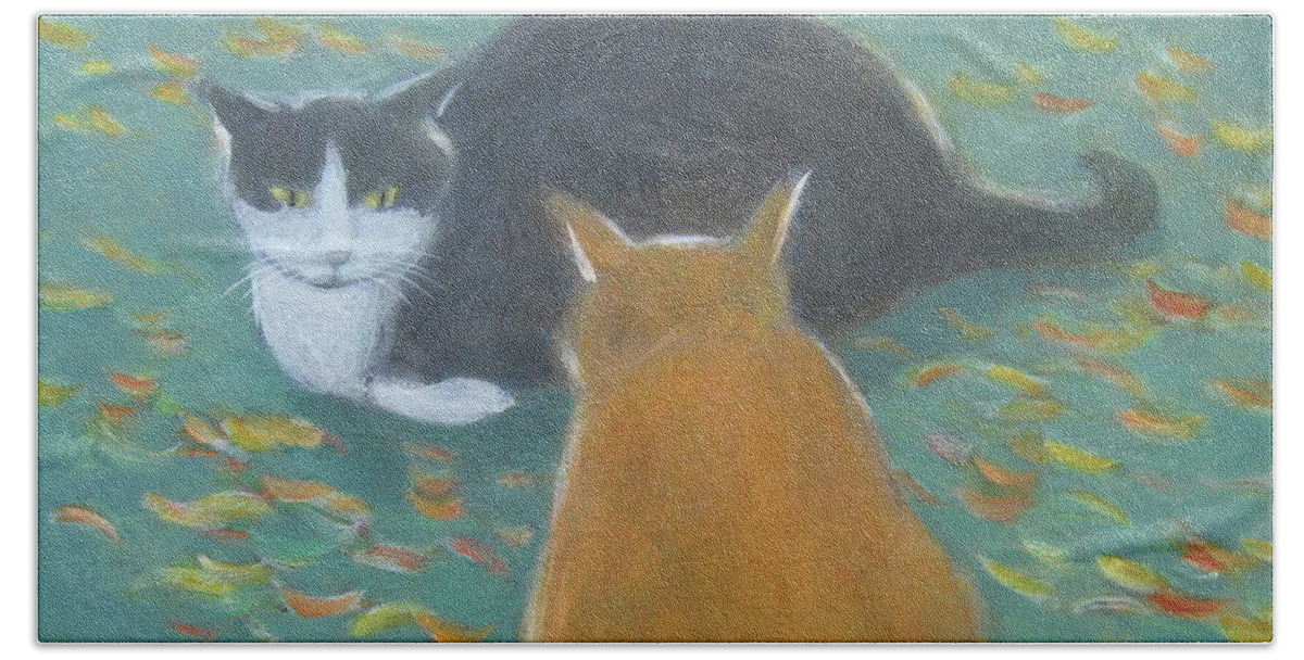 Cat Beach Sheet featuring the painting Staring Contest by Kazumi Whitemoon