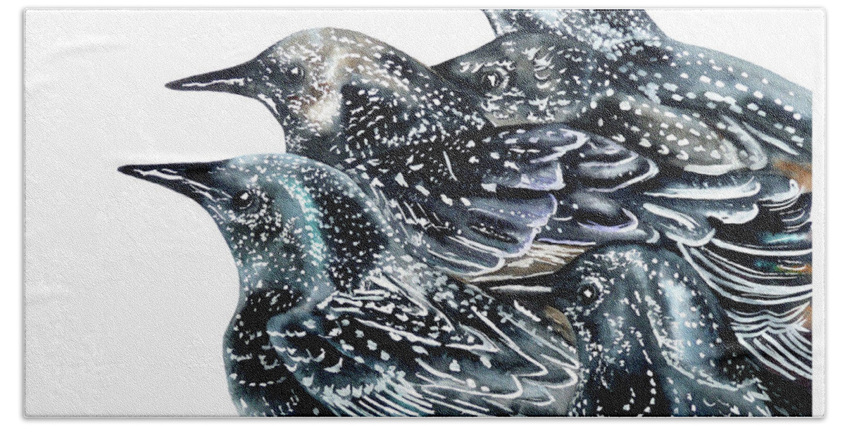Birds Beach Sheet featuring the painting Starlings by Marie Burke