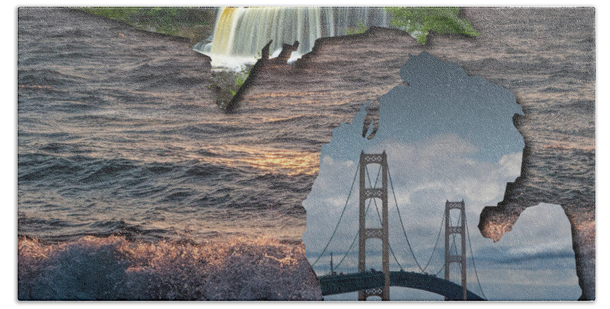 Art Beach Towel featuring the photograph State of Michigan Map with the Tahquamenon Falls and Mackinaw Bridge by Randall Nyhof