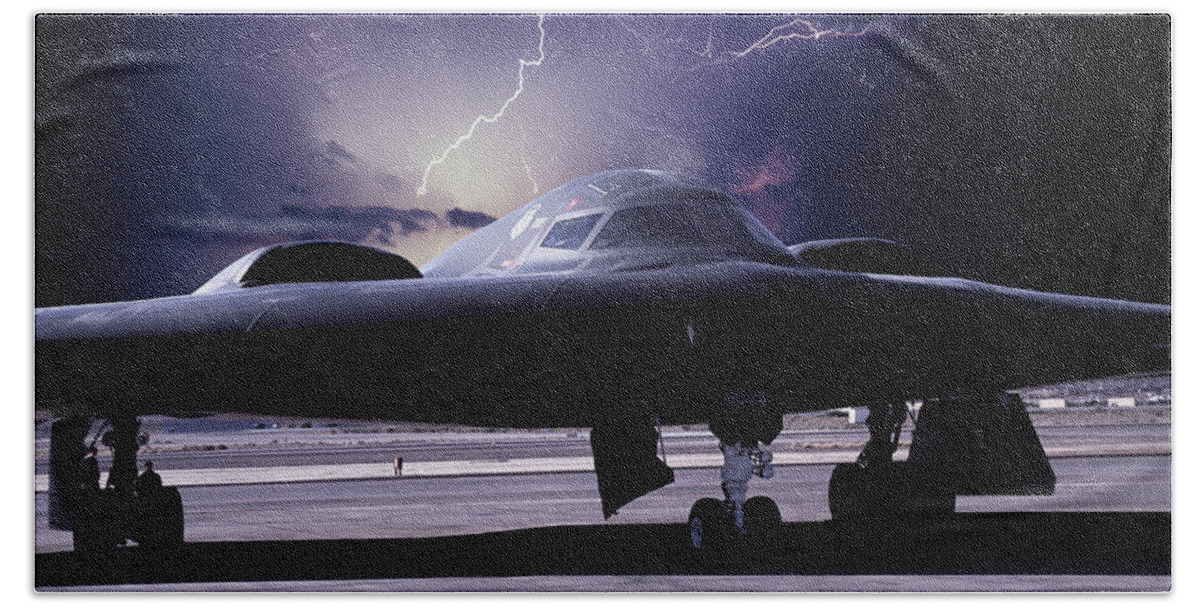 B-2 Stealth Bomber Beach Towel featuring the mixed media Stealth Lightning by Erik Simonsen