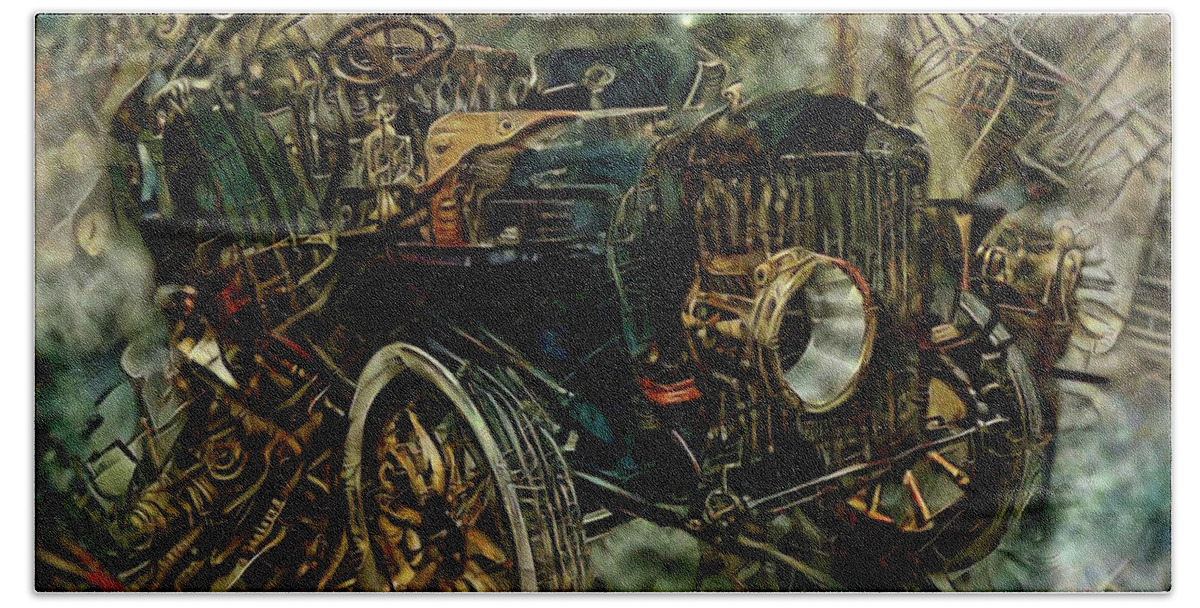 Steampunk Automobile Beach Towel featuring the mixed media Steampunk Automobile by Lilia S